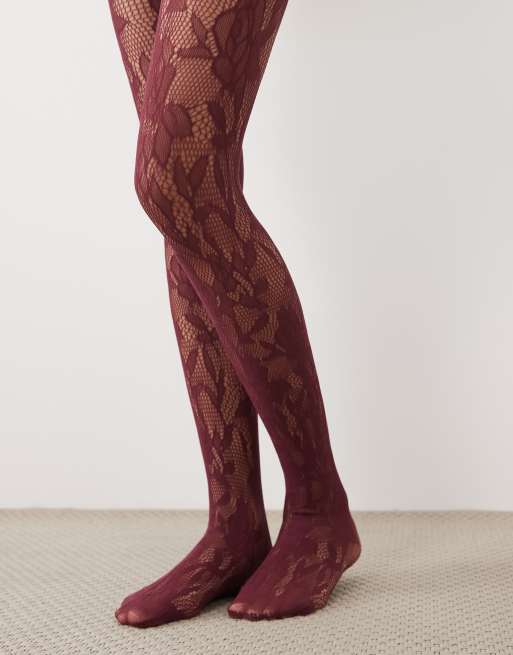 My Accessories floral lace tights in burgundy, 3 of 3