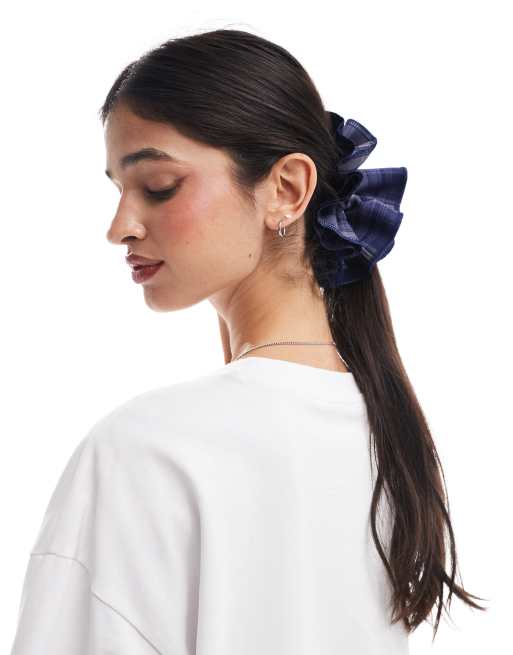 My Accessories frill oversized scrunchie in blue check, 4 of 4