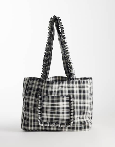 My Accessories - Geruite tote tas met ruches in grijs - view 1