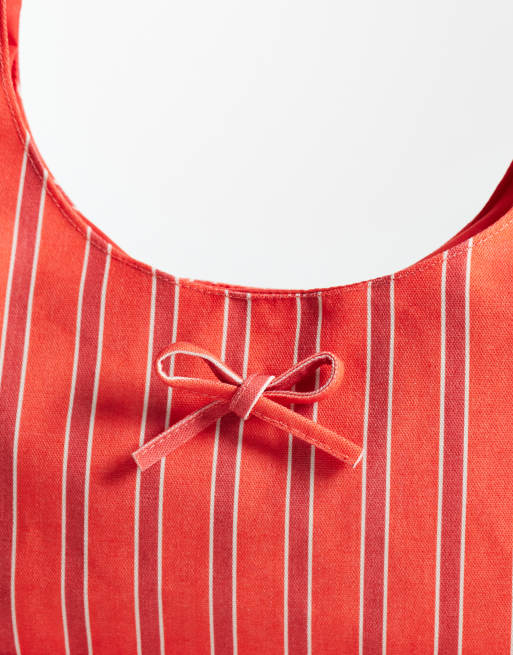 My Accessories - Gestreepte schoudertas van canvas met ronde onderkant in rood, 3 van 4