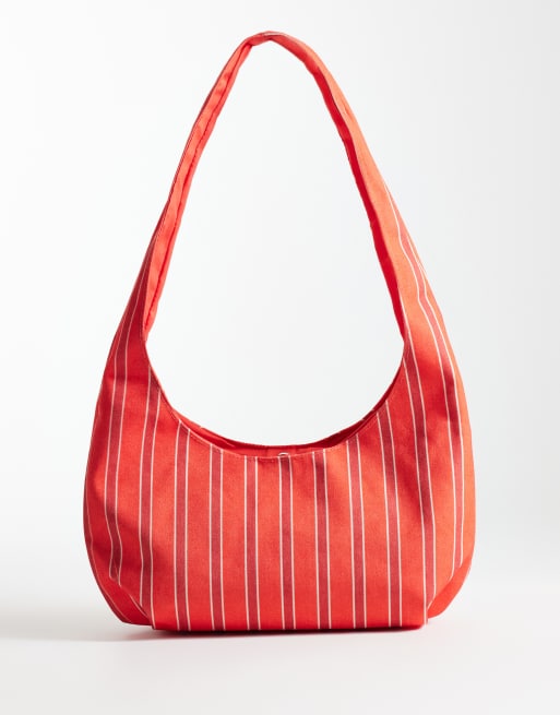 My Accessories - Gestreepte schoudertas van canvas met ronde onderkant in rood, 4 van 4