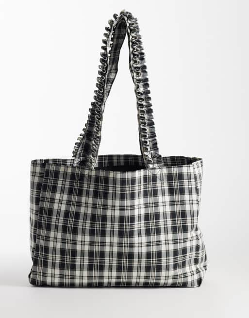 My Accessories - Grå ternet tote med flæser, 4 af 4