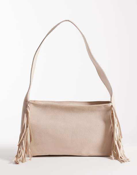 My Accessories – Gräddvit, slouchy axelväska i mockaimitation med sidofransar - view 1