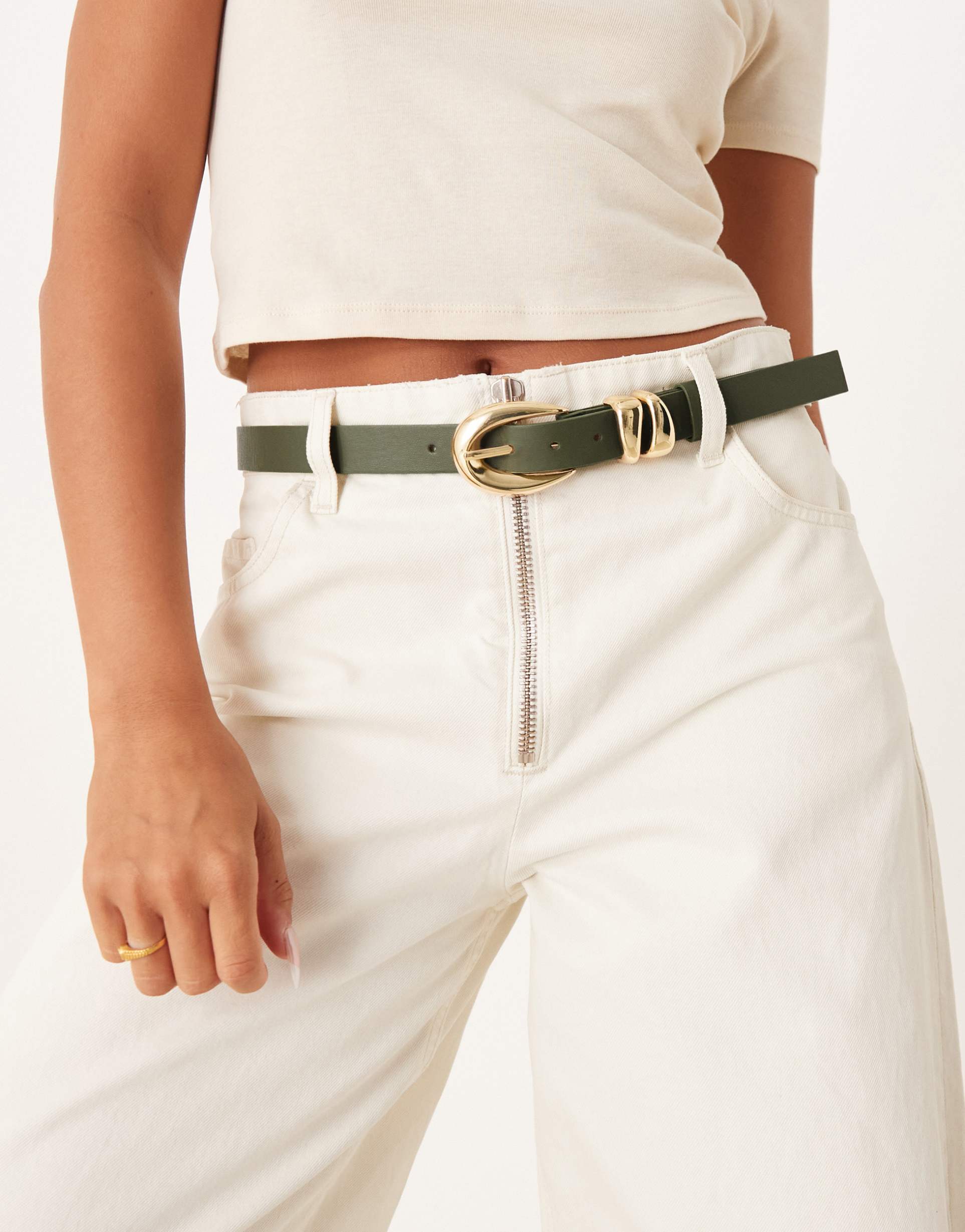 my accessories half moon buckle belt in olive green and gold