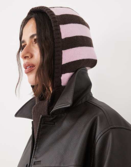 My Accessories hooded bonnet in brown and pink stripes, 2 of 3