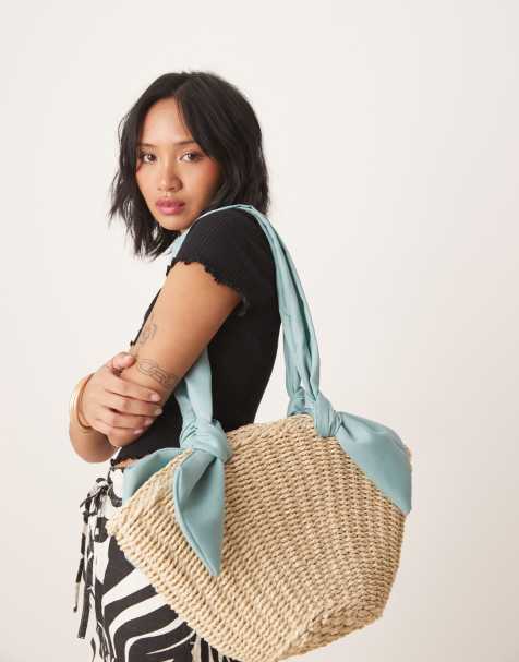 My Accessories - Kleine geweven tote tas met contrasterende satijnen banden in gebroken wit - view 1