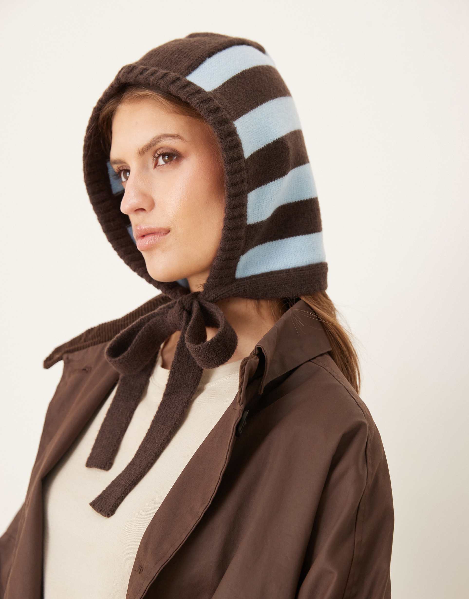 my accessories knit striped bonnet in blue and brown