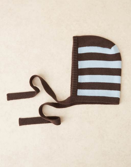 My Accessories knitted stripe bonnet in blue and brown, 2 of 3