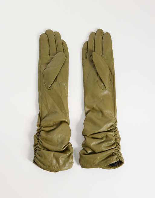 My Accessories lange gerimpelde handschoenen van imitatieleer in olijfgroen, 3 van 3