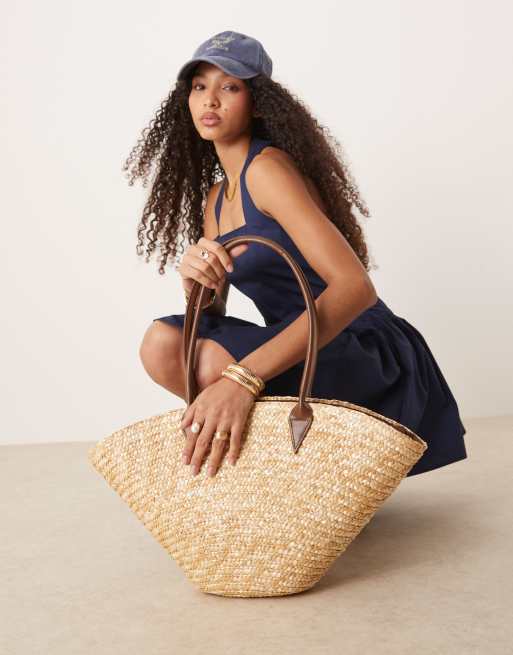 My Accessories large straw tote bag with contrast strap in beige