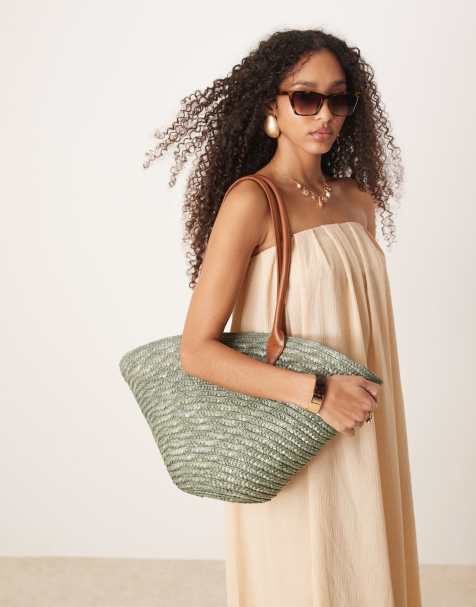 My Accessories large straw tote bag with contrast strap in olive  green - view 1