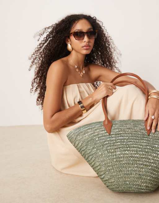 My Accessories large straw tote bag with contrast strap in olive