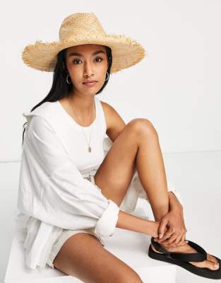 London adjustable straw fedora with wide brim with frayed edge-Neutral