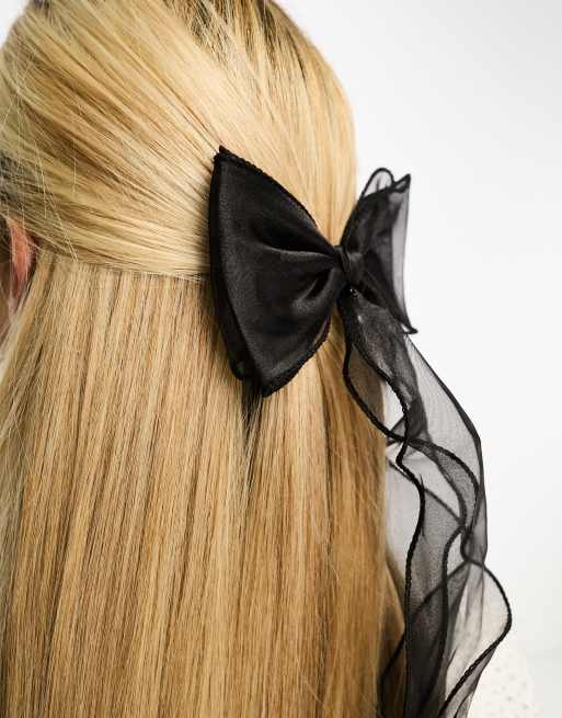 My Accessories London - Barrette nœud en organza avec perle nacrée - Noir, 4 de 4