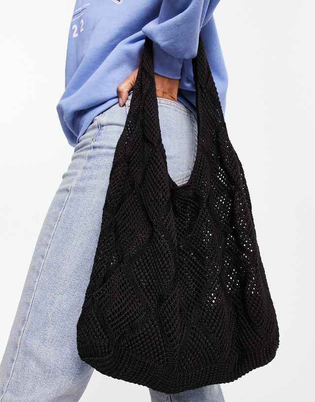 My Accessories London beach knit tote bag in black