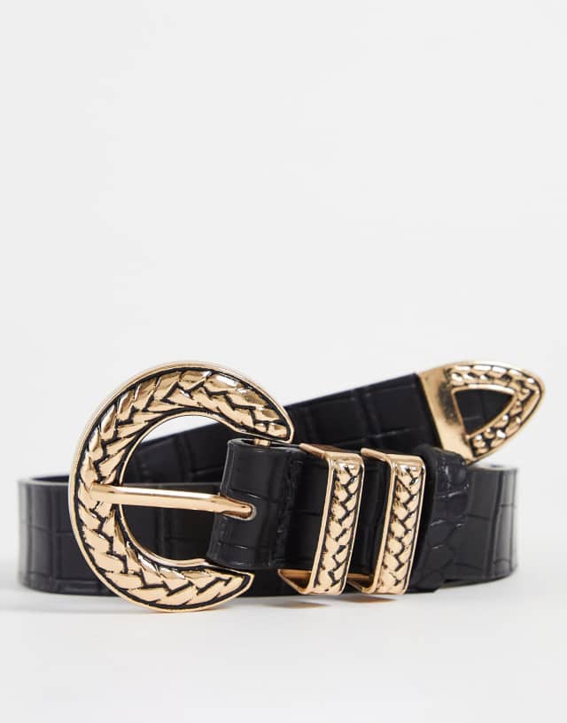 My Accessories London belt in black with statement gold vintage hardware buckle