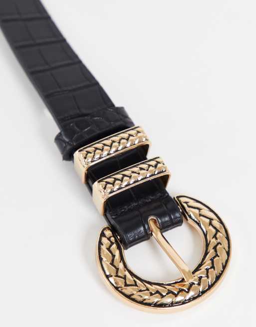My Accessories London belt in black with statement gold vintage hardware buckle, 3 of 4