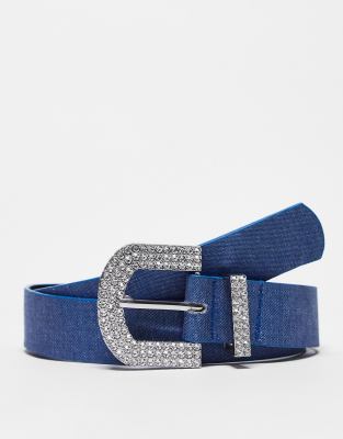 London belt in denim with oversized crystal buckle-Blue