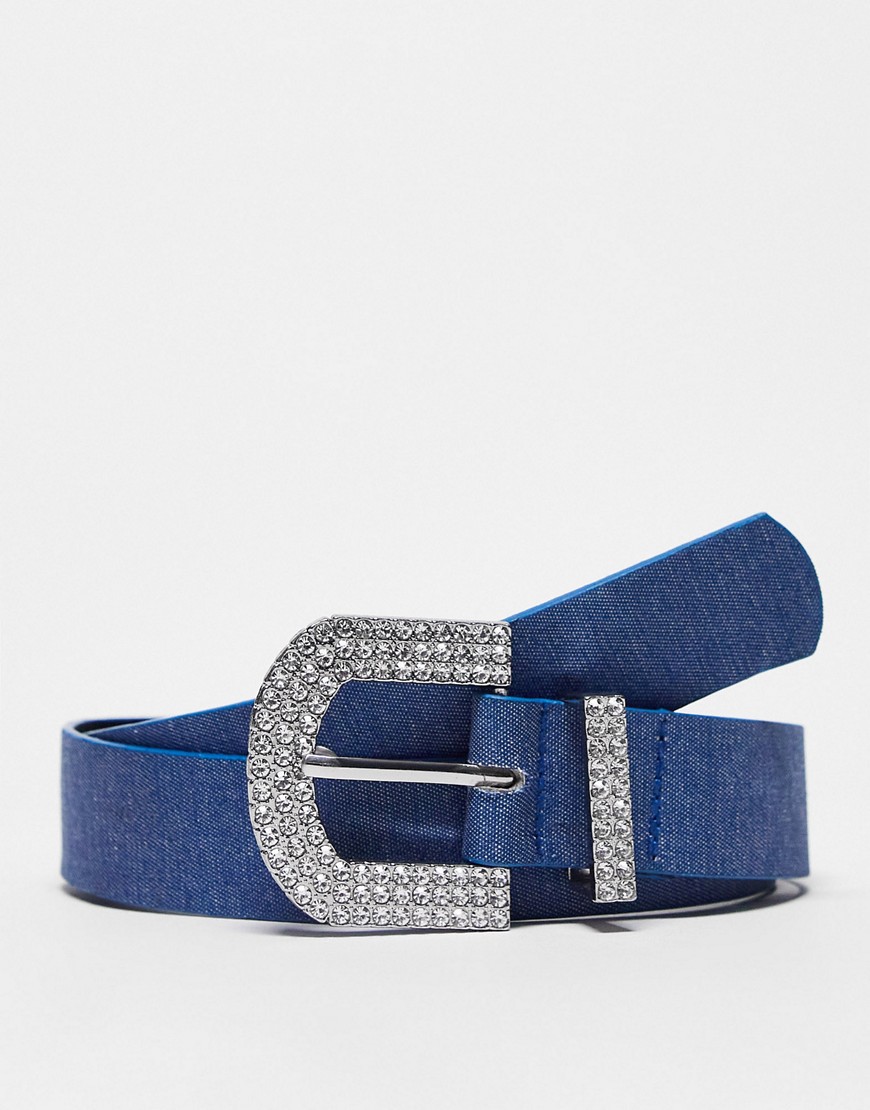 My Accessories London Belt In Denim With Oversized Crystal Buckle-blue