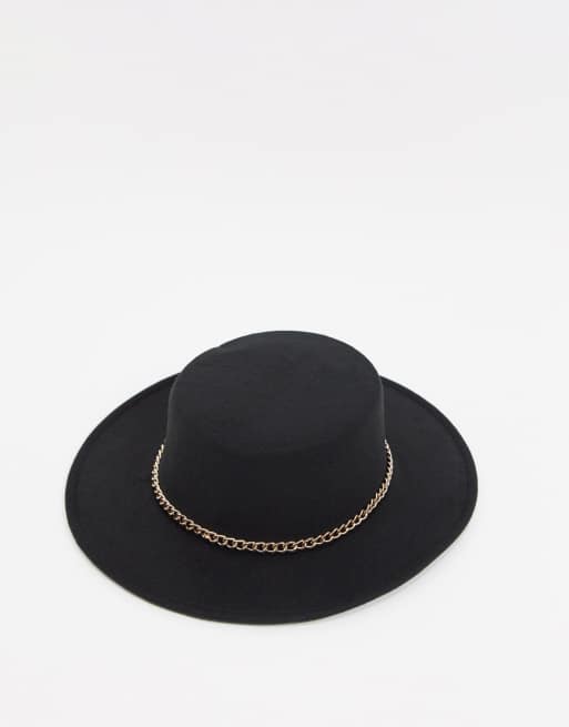 My Accessories London boater hat with gold chain trim in black, 2 of 4
