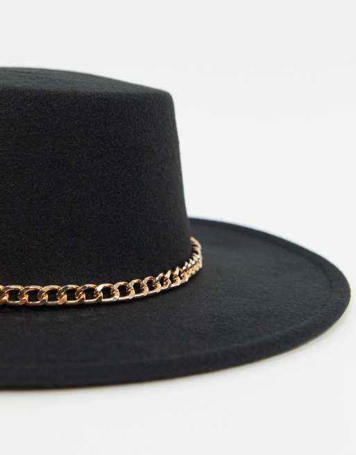 My Accessories London boater hat with gold chain trim in black, 3 of 4