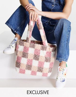 My Accessories London borg tote bag in pink check