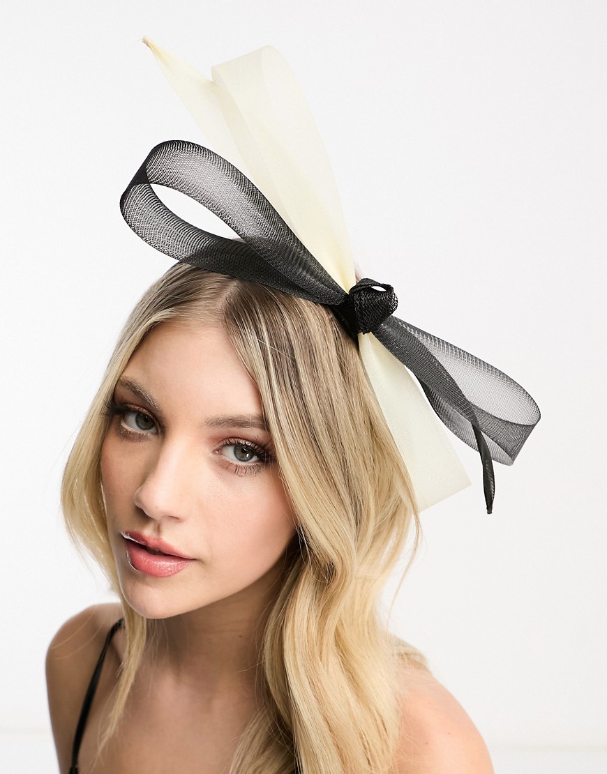 My Accessories London bow fascinator headband in black and cream mesh-Multi