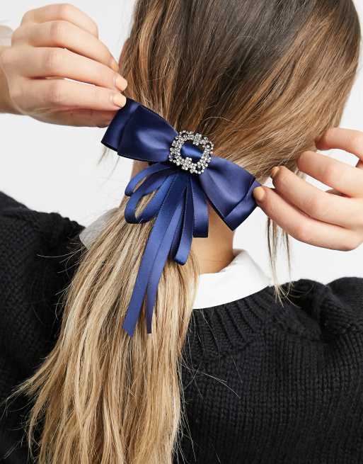 My Accessories London bow with rhinestone buckle in blue satin ASOS