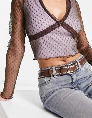 Ceinture Marron Brillante à Mini Perles - Boucle Cuivrée - Taille M - Occasion Bon État