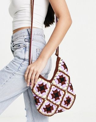 My Accessories London Crochet Crossbody Bag In Brown And Lilac-multi