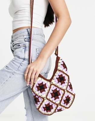 London crochet crossbody bag in brown and lilac-Multi