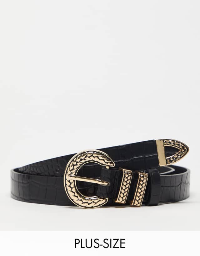 My Accessories London Curve belt in black with statement gold vintage hardware buckle