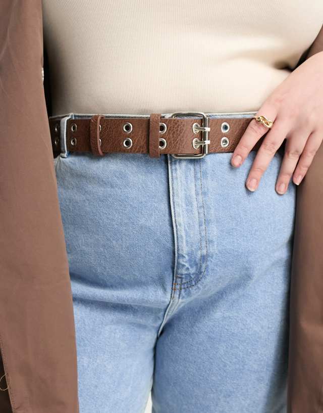 My Accessories London Curve double row eyelet belt in brown