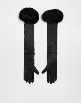 My Accessories London Curve elbow length gloves in black with faux fur