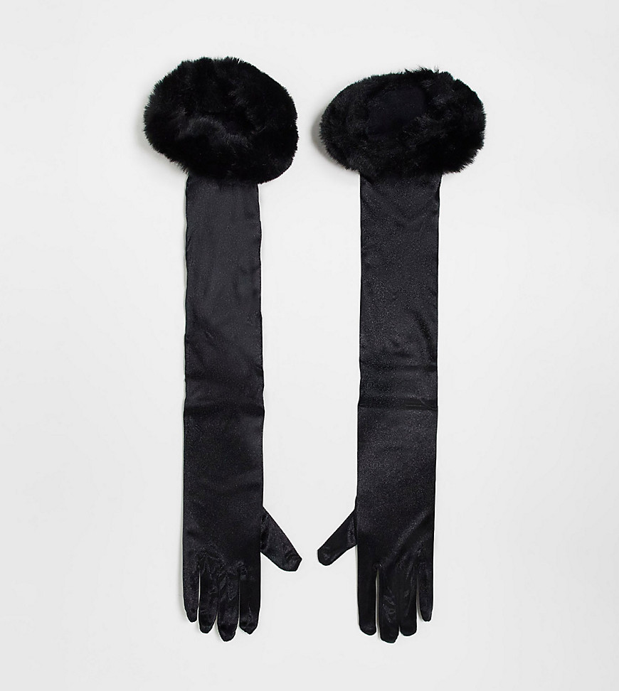 My Accessories London Curve elbow length gloves in black with faux fur