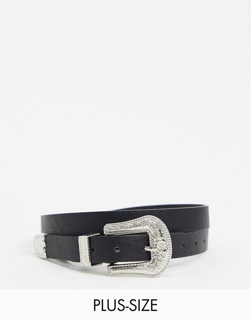 My Accessories London Curve Exclusive waist and hip jeans belt in black with oversized western buckle
