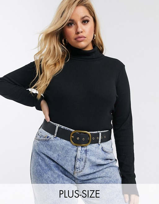 My Accessories London Curve Exclusive waist and hip jeans belt in black with square gold buckle