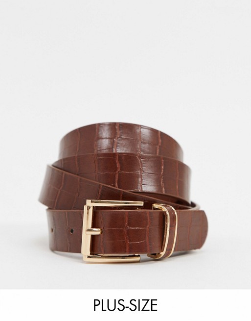 My Accessories London Curve Exclusive waist and hip jeans belt with square buckle in dark brown croc