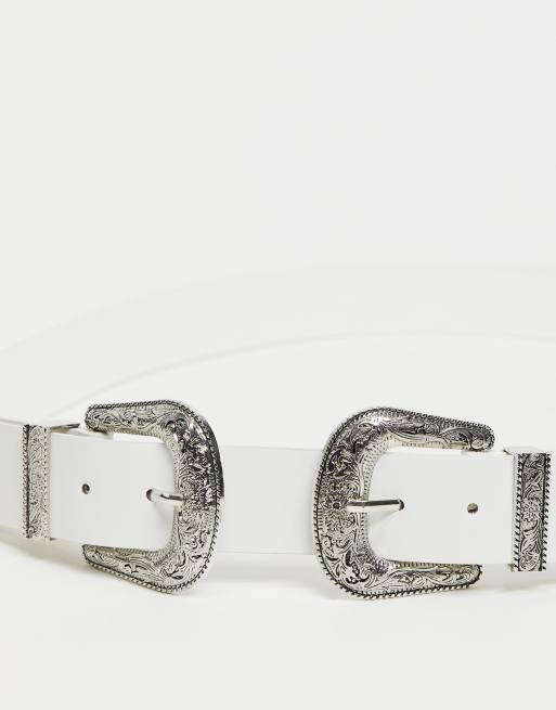 My Accessories London Curve Exclusive western double buckle belt in white, 3 of 4