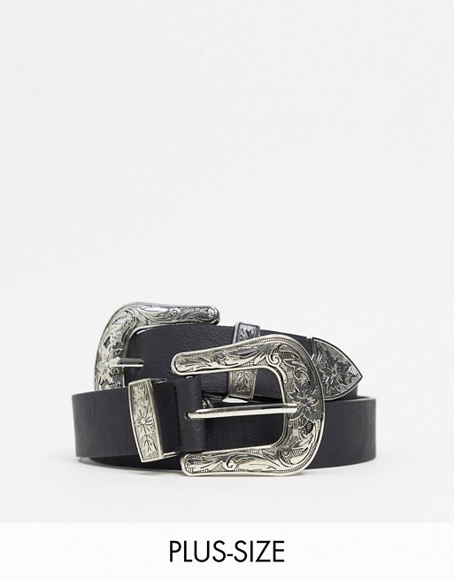 My Accessories London Curve Exclusive western double buckle blazer belt in black