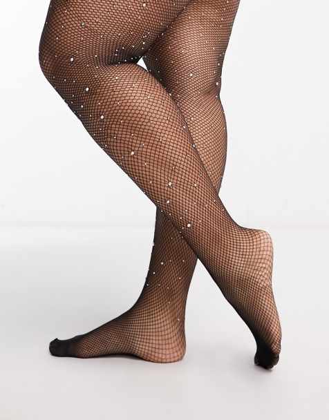 My Accessories London Curve fishnet tights in black with crystals - view 1