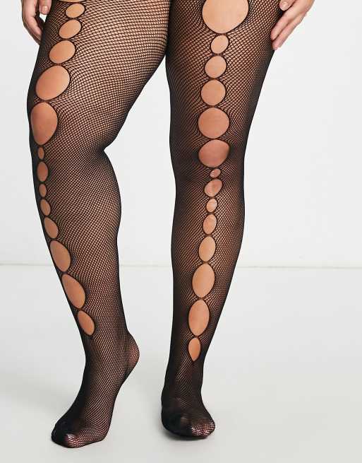 Wait Garter Connected Tights With Cut Out Holes - Black