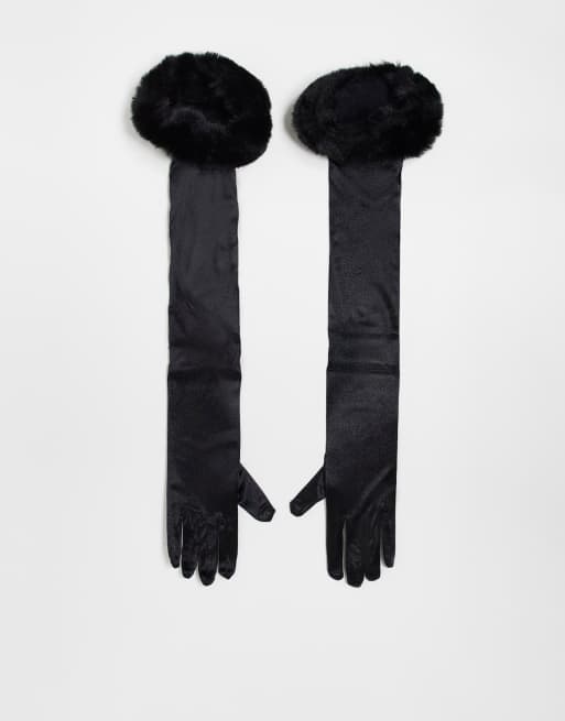 My Accessories London Curve – Handschuhe mit Ellbogenlänge in Schwarz mit Kunstpelz