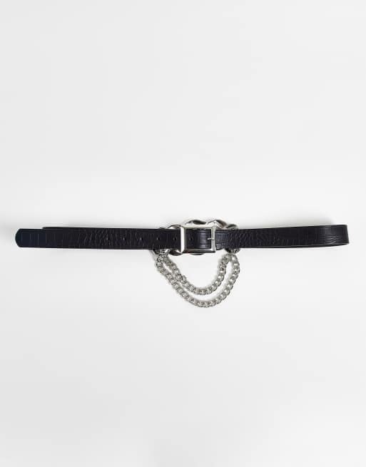 My Accessories London Curve - Heup- en tailleriem met zilveren schakel en kettingdetail in zwart