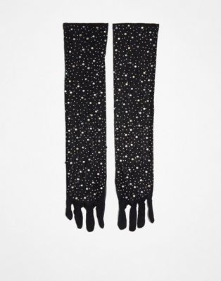 My Accessories London Curve over the elbow long rhinestone gloves in black