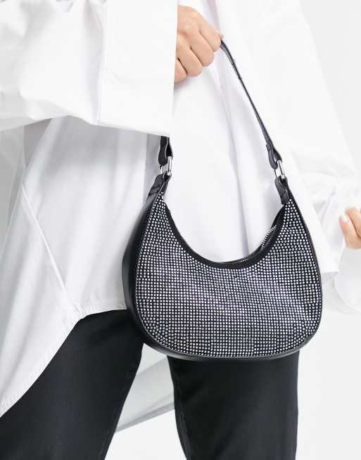 My Accessories London curved shoulder bag in black with silver crystal