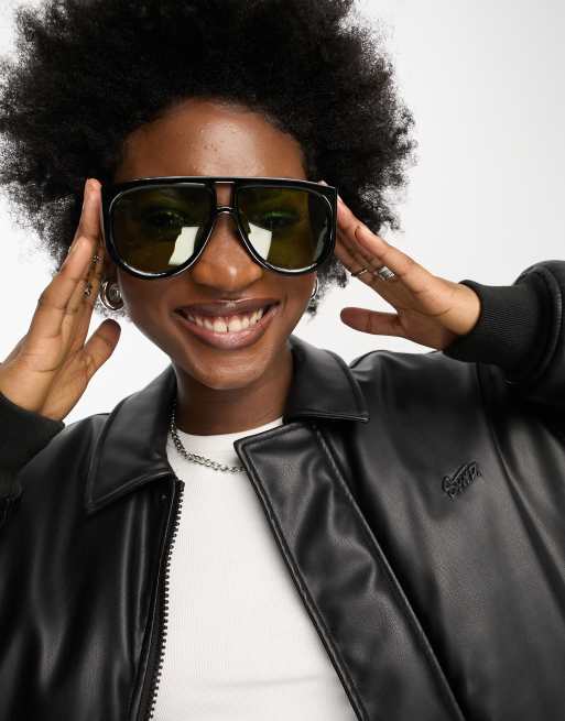 My Accessories London – Czarne okulary przeciwsłoneczne oversize typu aviator z żółtymi soczewkami