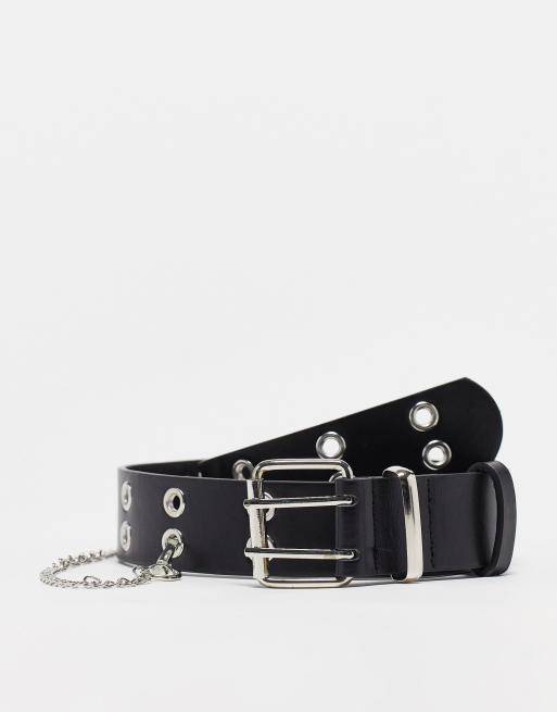 My Accessories London – Czarny dwurzędowy pasek z metalowymi oczkami i łańcuszkiem