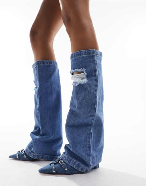 blue denim leg warmers, accessories for shoes, guêtres pour chaussures,  mode, sequins noirs – Juggle Angels