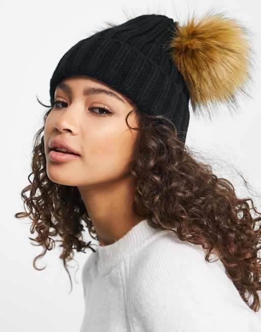 My Accessories London double pom ribbed beanie in black